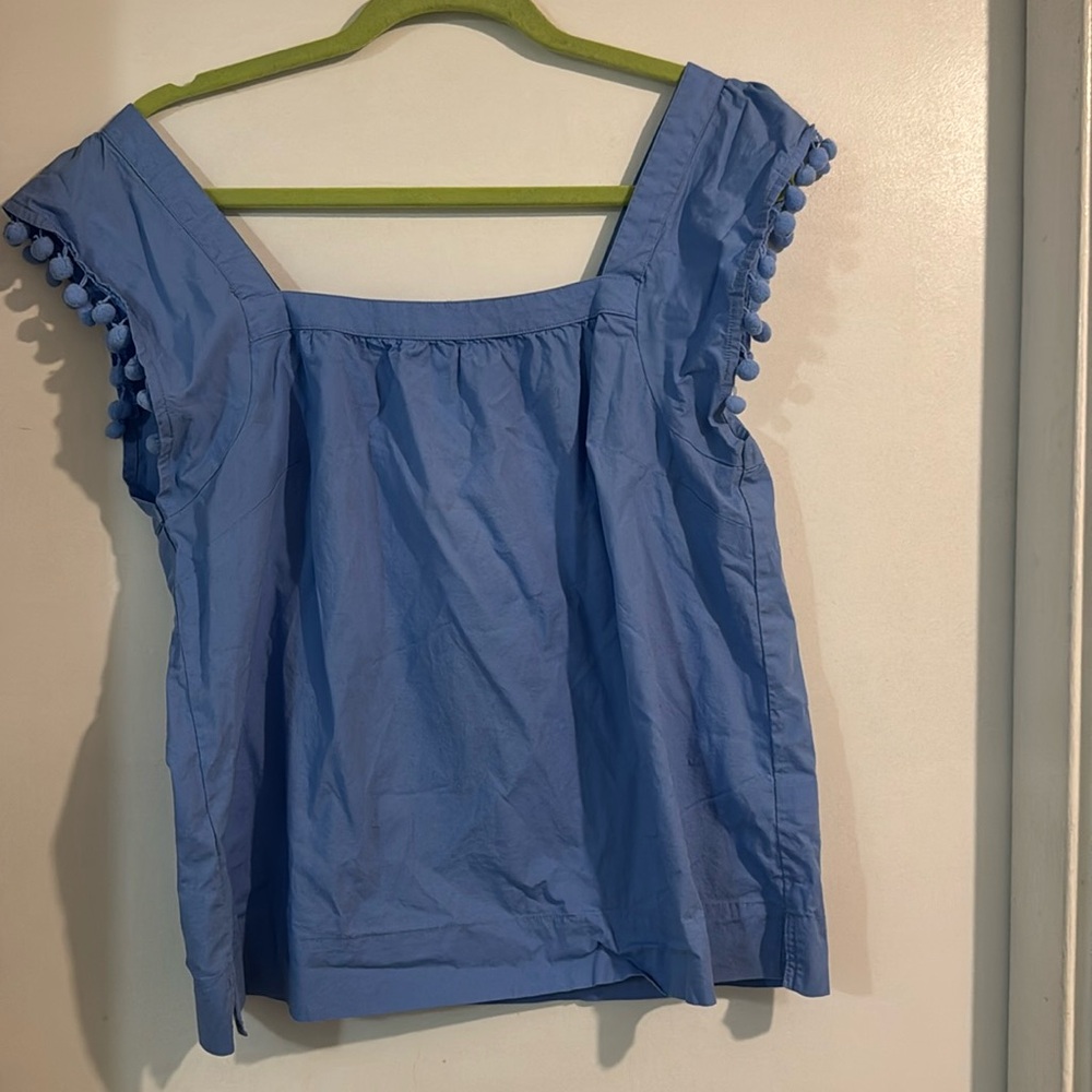 J. Crew Square Neck Pom Pom Cotton Poplin Blouse Top Size 10 blue